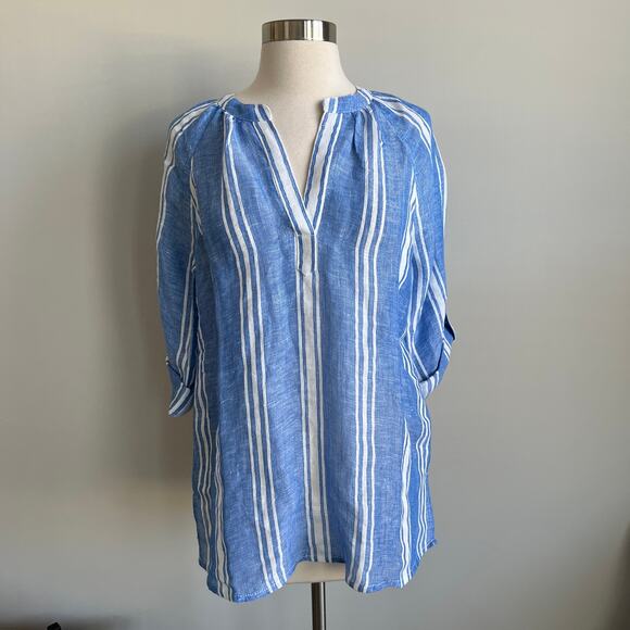 Soft Surroundings Linen Shirt V-neck Blouse Blue White Striped Resort Wear XS - Picture 1 of 8